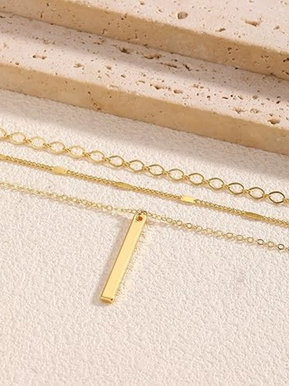 14K Gold Layered Necklace Set Cross Bar Herringbone Figaro Paperclip Chain - Picture 5 of 6